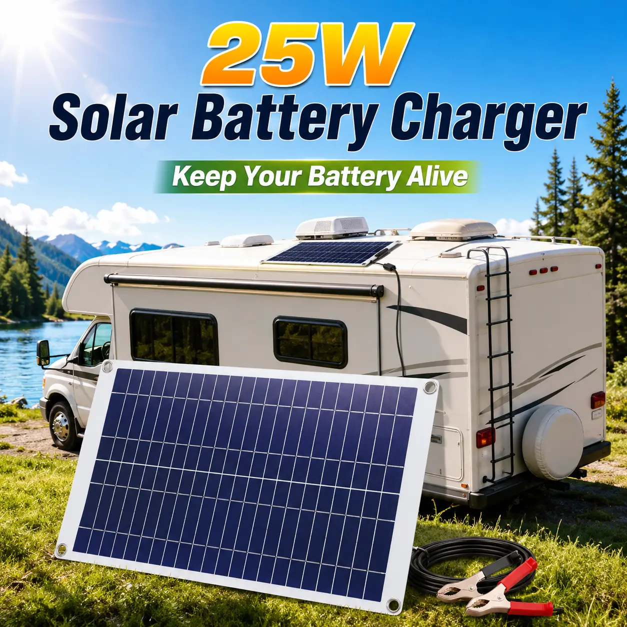 Flexible 25W 12V Solar Panel Charger, High-Efficiency Polycrystalline Kit with IP68 Waterproof Rating & Dual USB Ports for Car, RV, and Marine Battery, Foldable Solar Panel, High Efficiency Solar-1974, Rechargeable Solar Panel