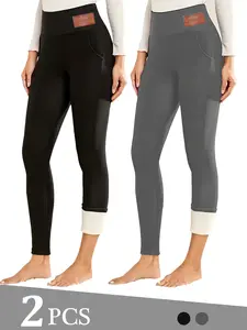 2 PCS Warm High-Waisted Fleece Yoga Leggings with Pockets Thermal Women's Activewear for Winter Comfort & Performance Belted Soft Materials Insulated Lining