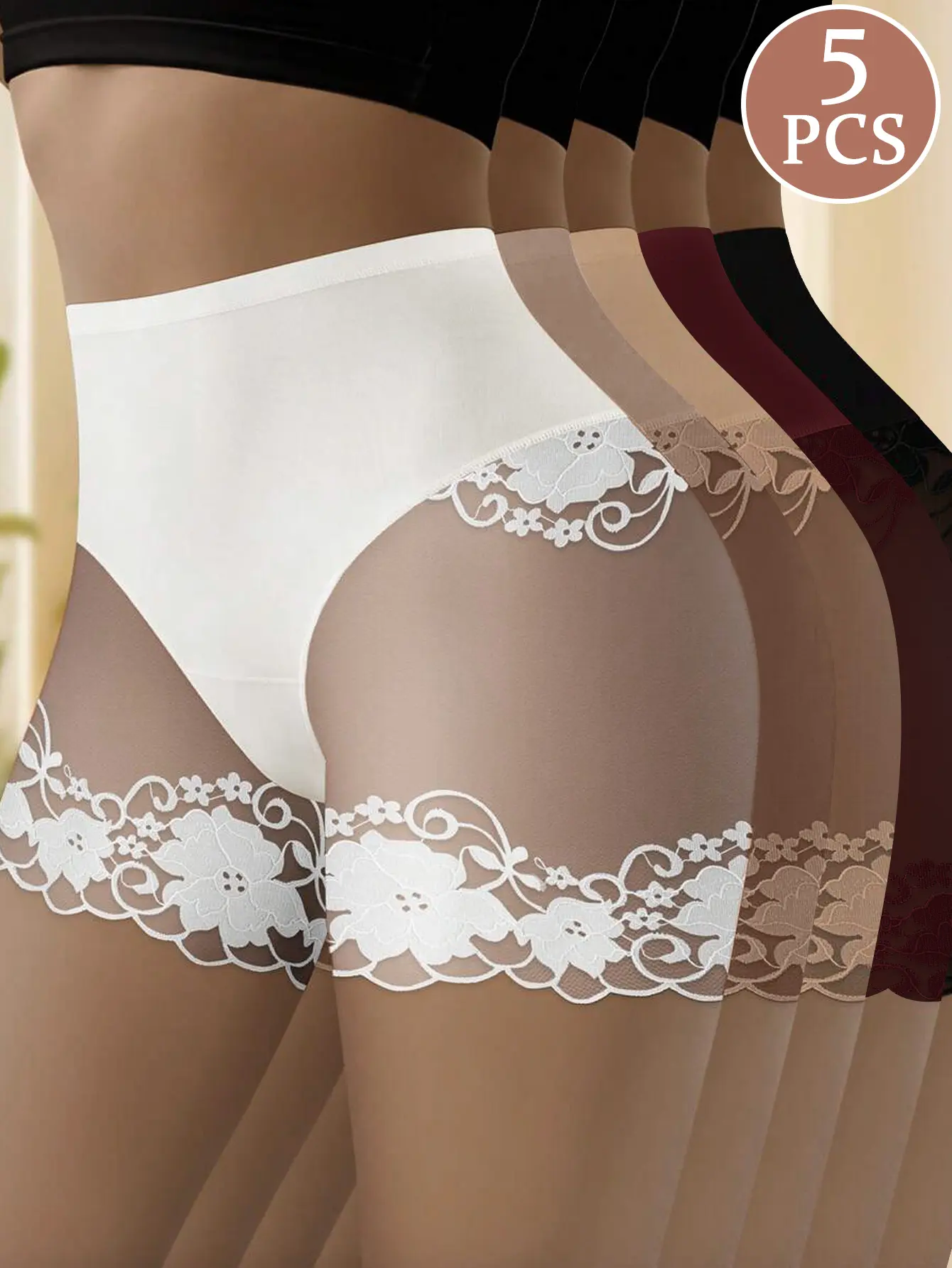 Women's 5-Pack High-Waisted Briefs - Floral Lace Panel Panty Set, Soft Stretchy Elegant Clothes, Comfortable Breathable Polyester Outfits for Everyday Wear, Multicolor Mesh Detail Underwear