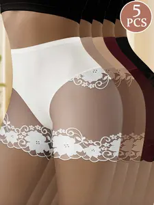 5PCS Women’s High-Waisted Lace Panel Panty Set, Soft Stretchable Breathable Brief Underwear, Floral Mesh Full Coverage Comfortable Lingerie for Daily Wear, Work, Travel, Sleep & Lounge