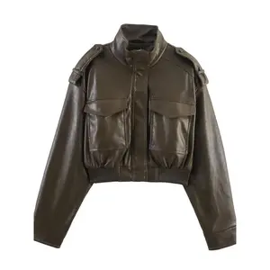 Women’s Shiny Faux Leather Aviator Jacket, Stand Collar Long Sleeve Zip Pocket Design, Casual Elastic Hem Short Coat GARMENTARY