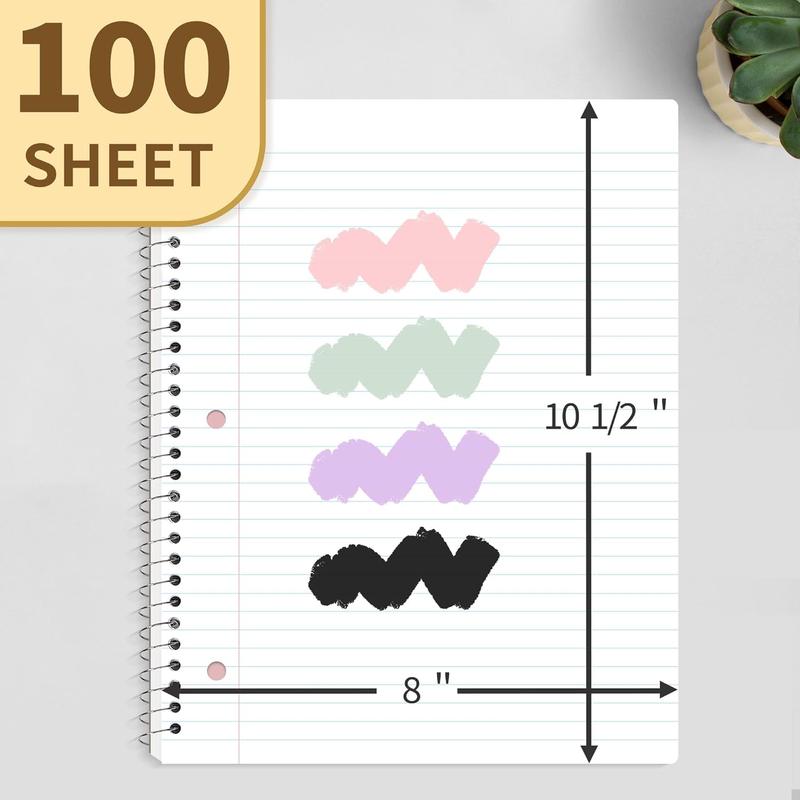 College Ruled Paper, x 101/2", 100 Sheets per Notebook, 3Hole Punched Paper, Water Resistant Cover, Doublesided Pockets, Spiral Lined Notebooks for Work, Black