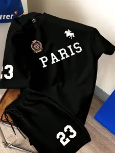 Unisex Paris Equestrian Casual Sportswear Set, Loose Fit Gold Badge & Number Detail, Soft Cotton Blend Elastic Waist Shorts