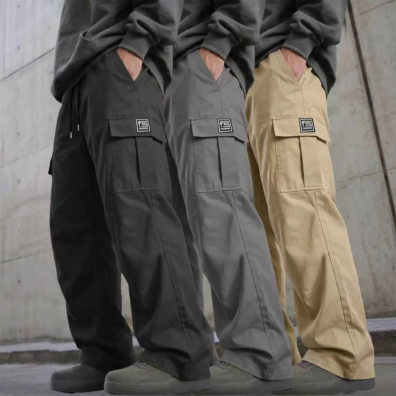 Men’s Polyester Cargo Pants - 3-Pack, Straight Cut, Mid Waist, Drawstring, Multi-Pocket, Durable, All Seasons, Suitable for Hiking & Casual Wear, Multiple Pockets