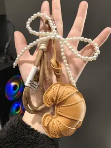 French Retro Style Bag Hanging Combination Keychain Pu Leather Simulation Croissant | Balloon Dog | Mini Coffee Cup | Exquisite Pendants Such As Imitation Pearl Bead Butterfly Knot, Woven Rope Bag Hanging Accessories|Keychain