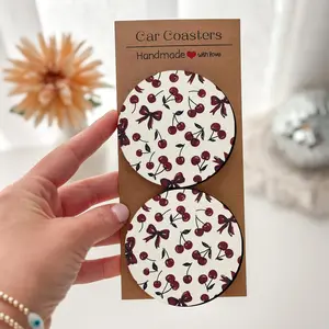 Bows On Everything | 2/4Pcs Cherry Coquette Desk Coasters - Red Bow Print, WFH & Dorm Desk Decor for Her