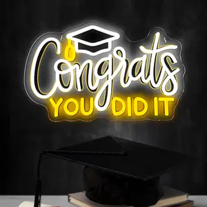 Congratulats—You Did It!" Neon Text Sign, Decorative Neon Light: Featuring a Graduation Cap Motif—A Bright, Wall-Mounted Decoration Perfect for Graduation Ceremonies, Gifts, Dorm Rooms, and Classroom Walls!