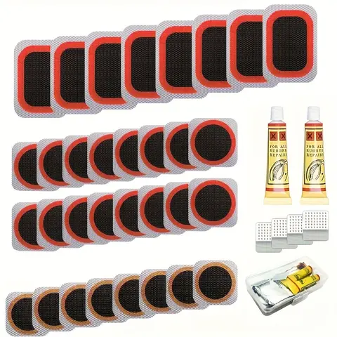 32pcs Bike Tire Repair Kit - Bycicle Inner Tube Puncture Patch Kits with Vulcanizing Patches, For Cycling Road Mountain Bicycle Bicycle Parts, Cycling Accessory