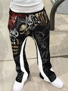 Men's Loose Fit 3D Gothic Skull Handgun Print Pants, Casual Sporty Streetwear, Hip Hop Vintage Long Pants for All Seasons