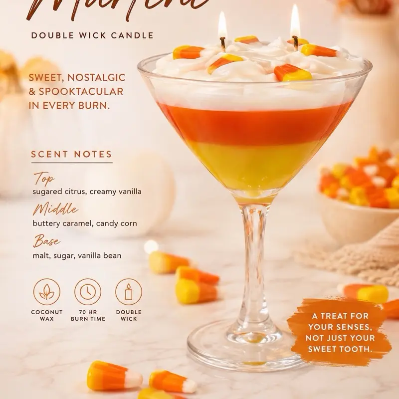 Candy Corn Martini Candle - Unique Design with Colorful Candy Corn Motif in a Glass Container Decor Fragrance Ornaments Scented Aroma Decoration Decorative