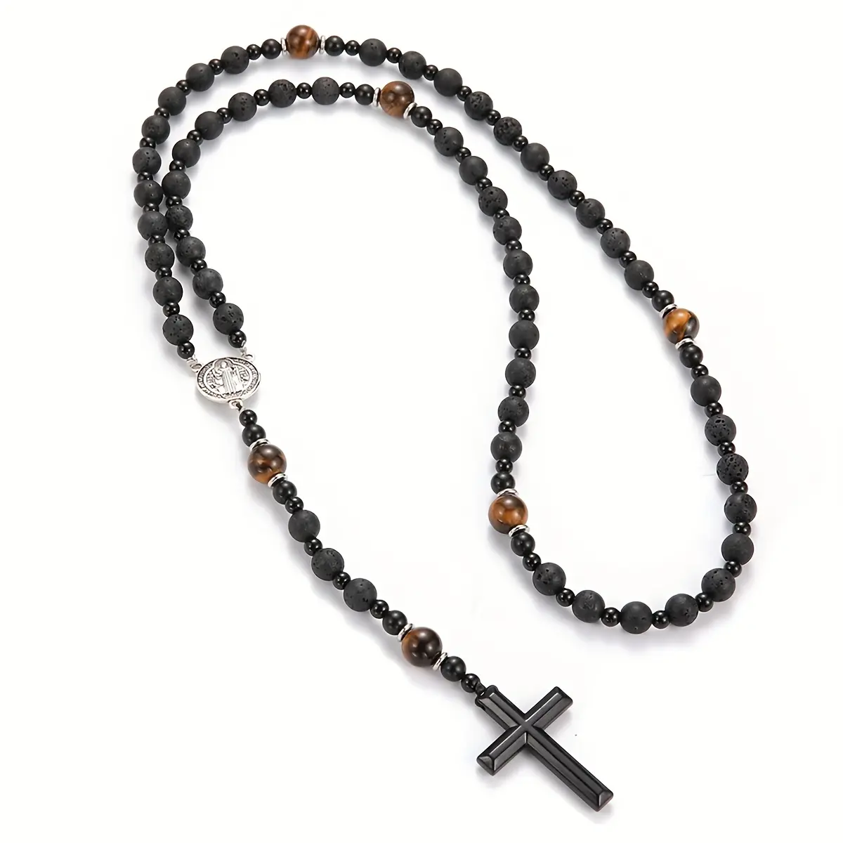 Unisex Natural Hanging Cross Pendant Rosary Necklace, Gold-Plated Boho Beaded Faith-Inspired Statement Jewelry, Biblical Themed Christian Charm Accessory for Meaningful Gifts, Unisex Names
