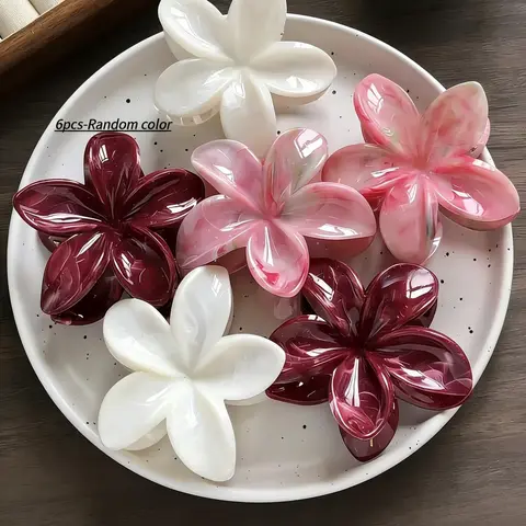 6pcs Random Colorful Gradient Freesia Flower Hair Clip Set, 1.57inch Length, Small Size, Bohemian Style, Boho Hair Accessories, Back of Head Shark Clips, Beach Vacation Photos