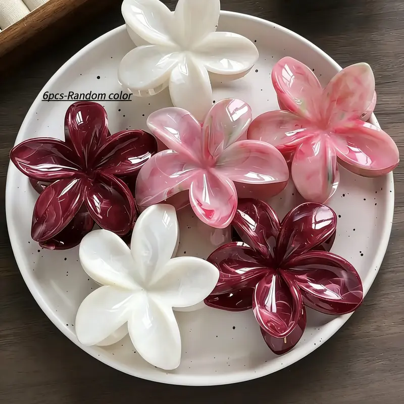 6pcs Random Colorful Gradient Freesia Flower Hair Clip Set, 1.57inch Length, Small Size, Bohemian Style, Boho Hair Accessories, Back of Head Shark Clips, Beach Vacation Photos
