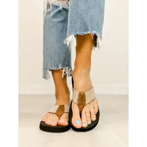 Corkys Summer Break Flip Flop Sandals in Tan White Stripe