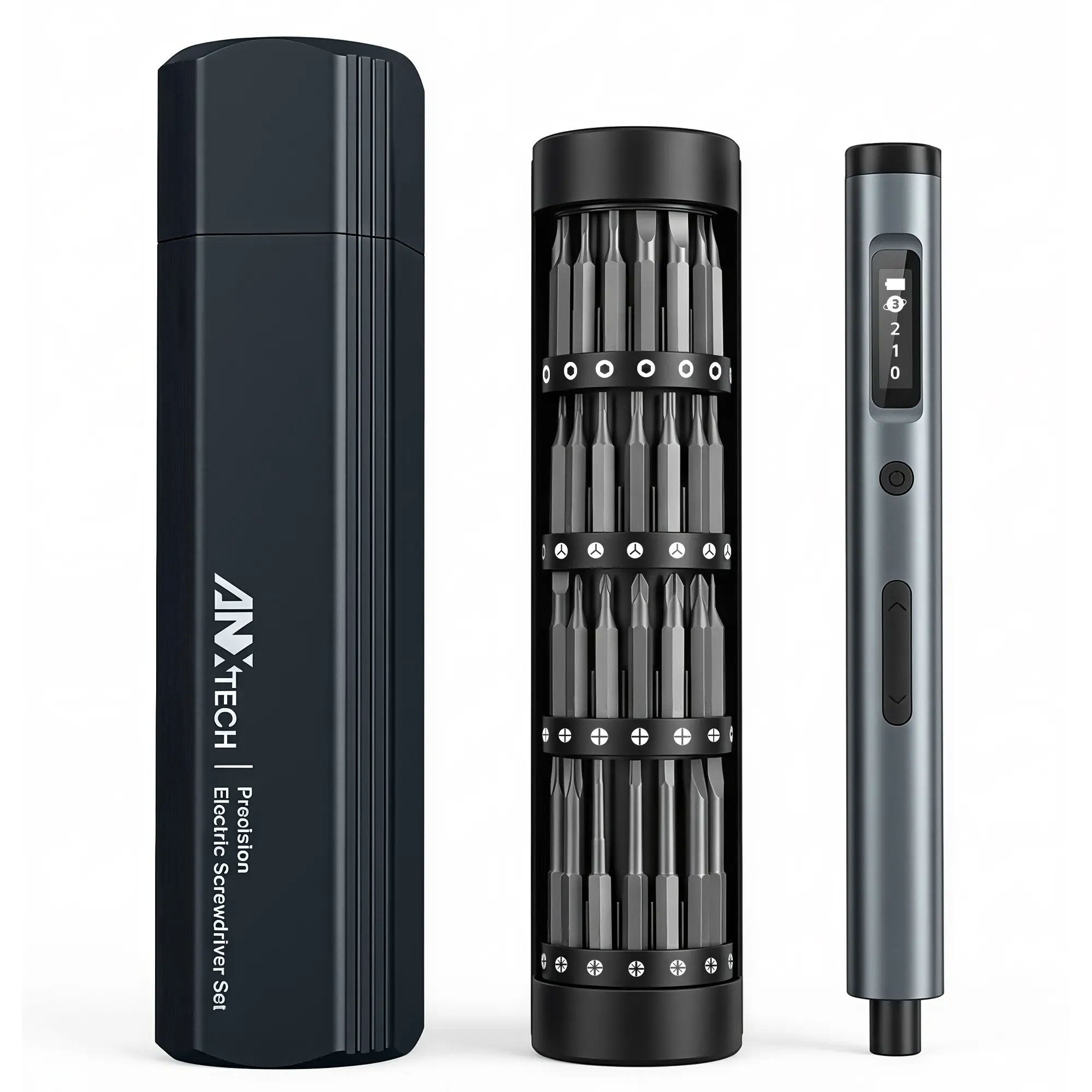 ANXTECH Adjustable 62-in-1 Electric Screwdriver Set - 3 Torques (0.1-0.3 Nm), 60 Magnetic Bits, USB Port, LED Light, Cells Included - Ideal for DIY, Furniture Assembly