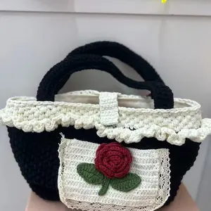 Handmade Crochet Bag, Milk Colorblock Rose & Lace Trim, Inner Lining and Small Pockets, Perfect for Daily Commute and Dating