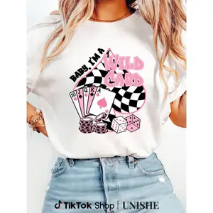 Women's Cowgirl Western Tee – Wild Card Print, Soft Cotton Comfortable Fit
