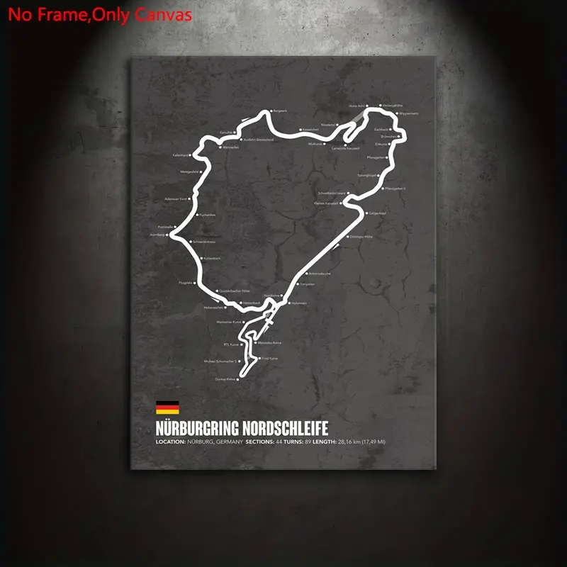 1 Piece/Set Frameless Canvas Painting Print Poster, Minimalist Style Art, Nürburgring Nordschleife Racetrack Map, Decoration, ideal for car culture enthusiasts, bedroom, living room, wall decor