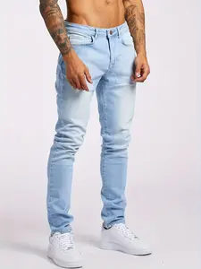 Men's Casual Classic Slim Fit Denim Essential Jeans with Pocket, All-Season Light Washed Stretch Pants, Plain Pattern, Moderate Fabric Thickness, Basic Streetwear Style