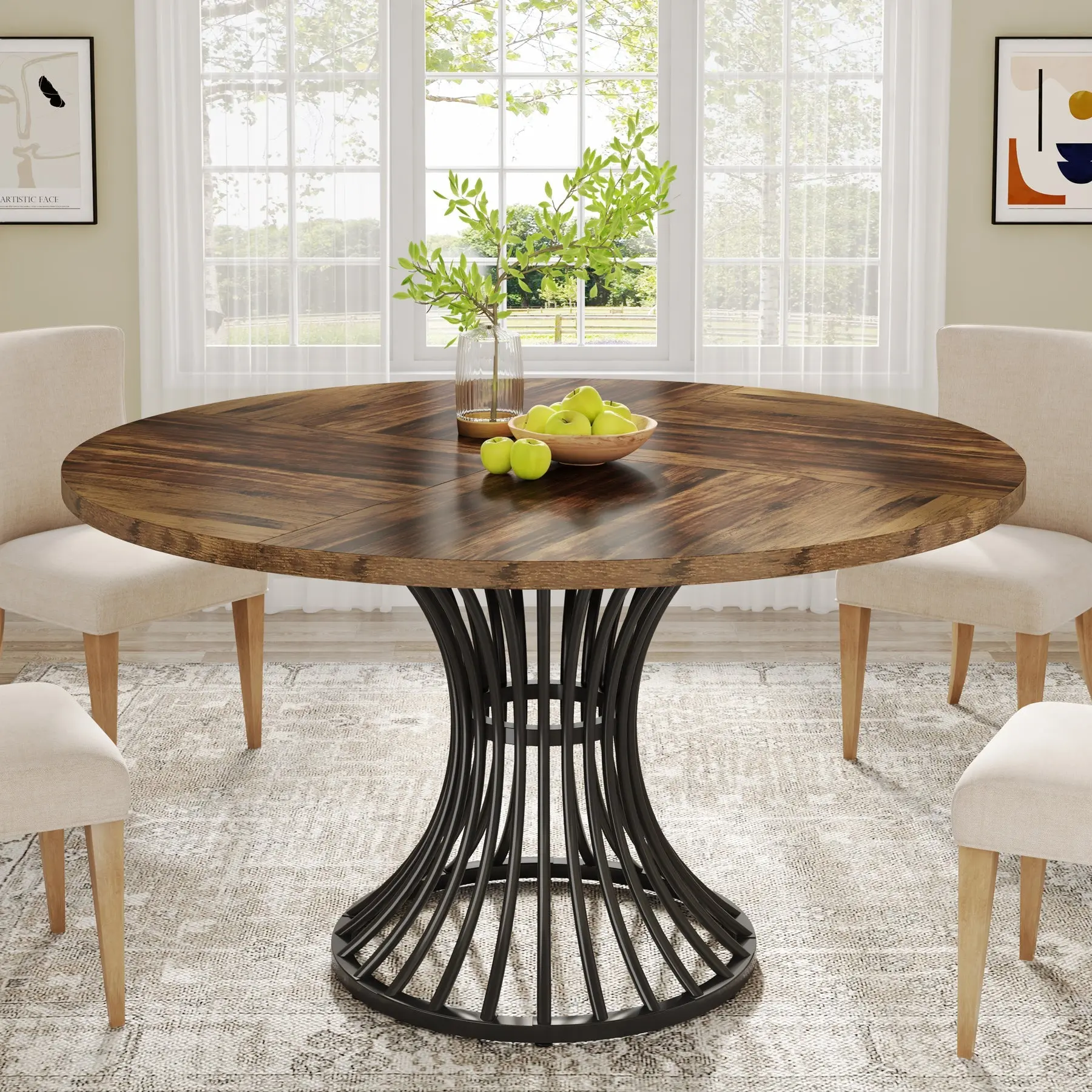 Spaco Round Dining Table for 4-6 People, 47-Inch Farmhouse Dinning Room Circle Kitchen Table, Industrial Dinner Table with Metal Base for Kitchen, Living Room