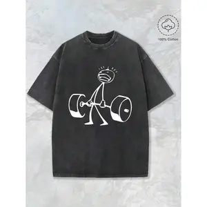 "Dumbbell Design Print Washed T Shirt , Round Neck Gym & Outdoor Sports Apparel, All-Season Fitness Shirt, Training Gear, Sporty Design, Durable Construction, Performance Wear, Comfortable Fit Shirt, Workout Clothing, Street Style, Fitness Enthusiasts ﻿ "