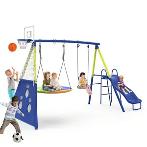 Swing Set For Kids 5 In 1 Outdoor Swing Sets Heavy-Duty Metal Swing Set With Slide, Saucer Swing, Belt Swing, Soccer Goals And Basketball Hoop Backyard Swing Set Holds Up To 440lbs, Steel Frame, Outdoor Kids Stuff, Multi-Playset