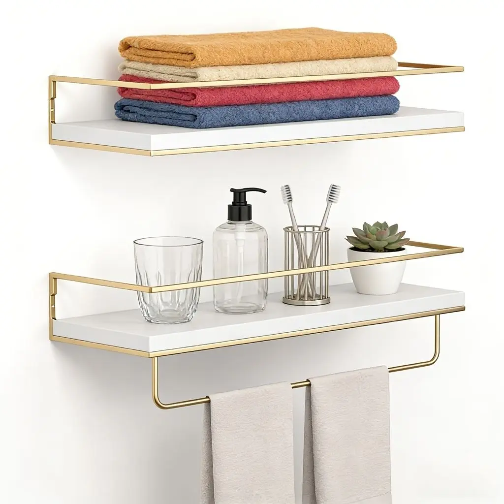 2-Pack White Wood Floating Shelves with Gold Towel Bar - Wall-Mountable Racks with Bathroom Towel Hooks, Bathroom Organizers, Modern Home Decor Accessories, Wall Decor, Entryway Decor