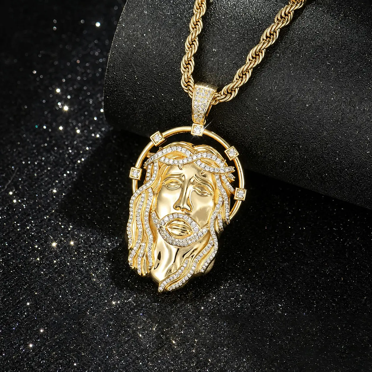 14k Gold-Plated Mens Jesus Pendant Necklace, Iced Out Jesus Head with Halo,Crucifix Hip Hop Religious Jewelry, Gift for Fashion Lovers,Father's Day Gift