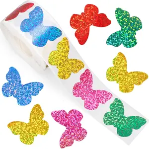 (500 Stickers/roll) Laser Butterfly Waterproof Self-Adhesive Decorative Stickers for Wedding Birthday Party Envelope Scrapbook Supplies, Glitter Sticker, DIY Sticker