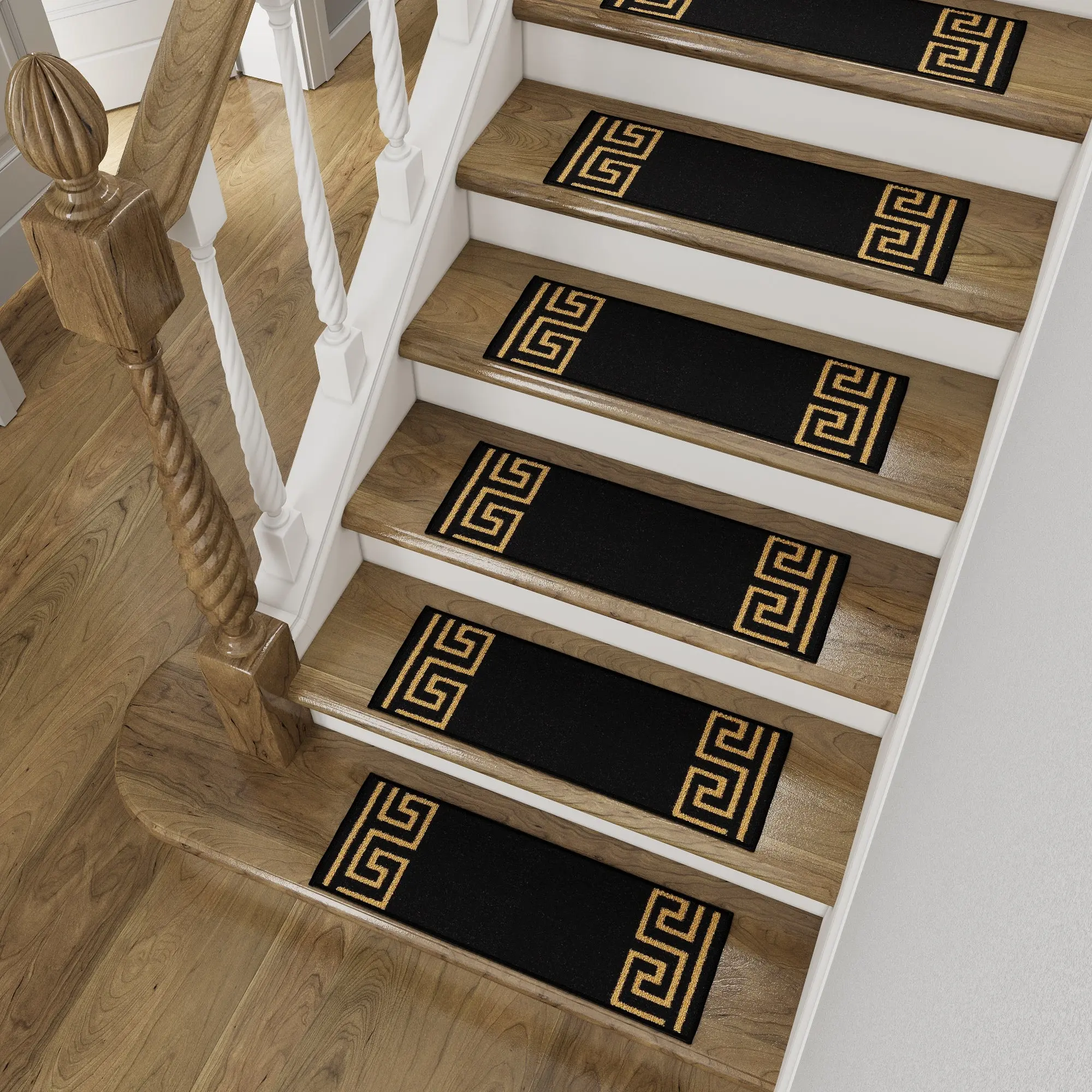 Slip-Resistant, Non-Adhesive, Durable, Stain-Resistant, Washable 8.5X26 in. Stair Treads To Enhance Safety, Protect Stairs, And Reduce Noise. Contemporary Greek Key Design.