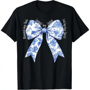 Blessed By God Loved By Jesus Blue Toile Coquette Bow Cotton T-Shirt