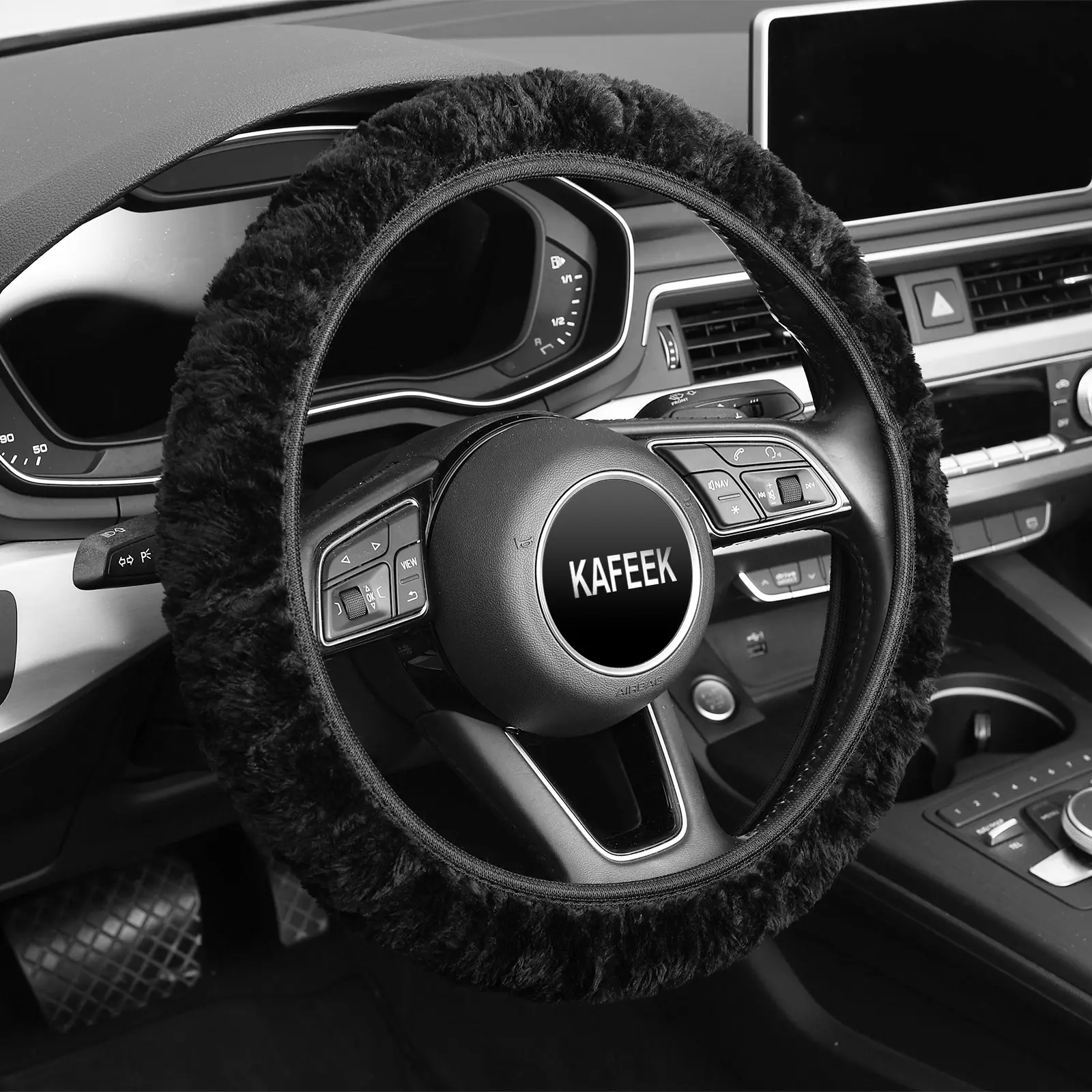 KAFEEK Fluffy Elastic Steering Wheel Cover - Soft Polyester Material for Warm Comfort Suitable for Most Car Models Fluffy and Cute Design