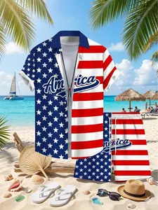 USA America Hawaiian Matching Set Men Women Stars Stripes Flag Print Loose Casual Shirt Shorts Combo Memorial Day 4th July Beach Party Summer Patriotic Couple Vacation Outfit