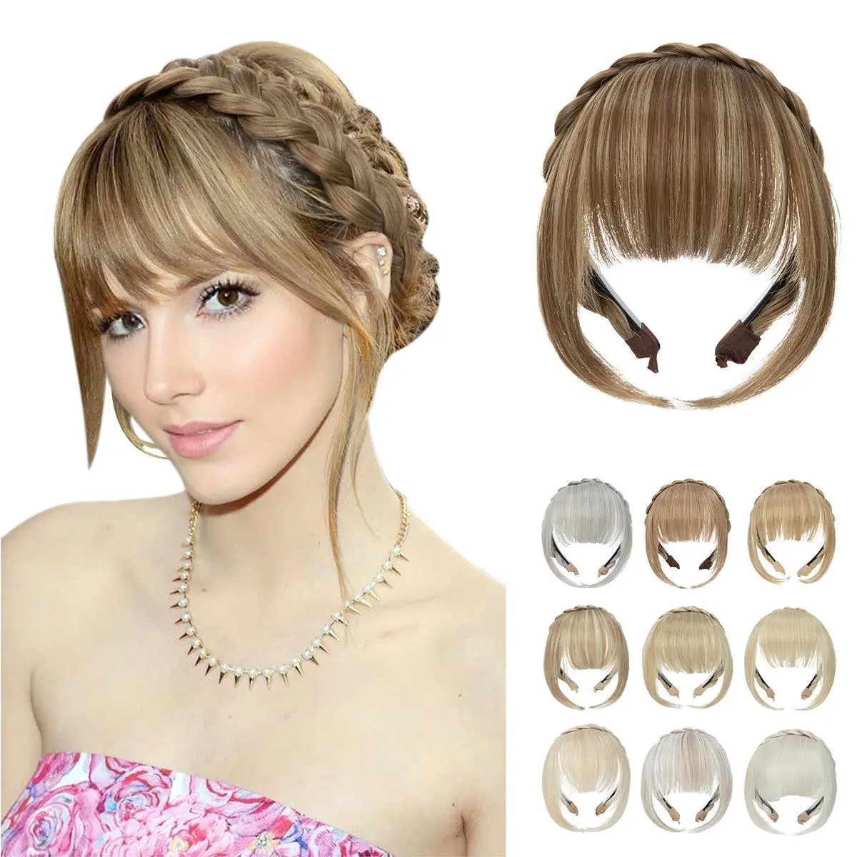 Synthetic Headband Bangs Extension Fake Hair Blunt Fringe with Long Sides For Women Natural Flase Black Brown Blonde Bang B12 Pre Cut Closure