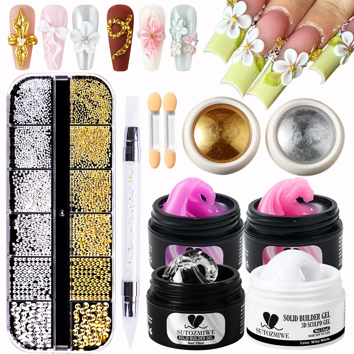 Solid Builder Gel Nail Art Kit, 3D Sculpting Gel with Mirror Powder, Steel Ball Decorations & Tools for 3D Flower Carving, Manicure Design, Nail Care, Diy Nails At Home