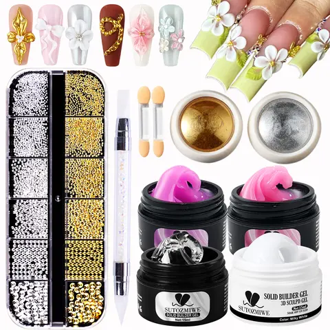 170g Long-Lasting 4-Color Solid Builder Nail Art Set - Sachet Pack, 3D Sculpting Formula, Mirror Powder, Steel Balls, Pearls, Easy-Shaping Tools for 3D Flower Carving, Gel Extension Manicure Home Salon Kits