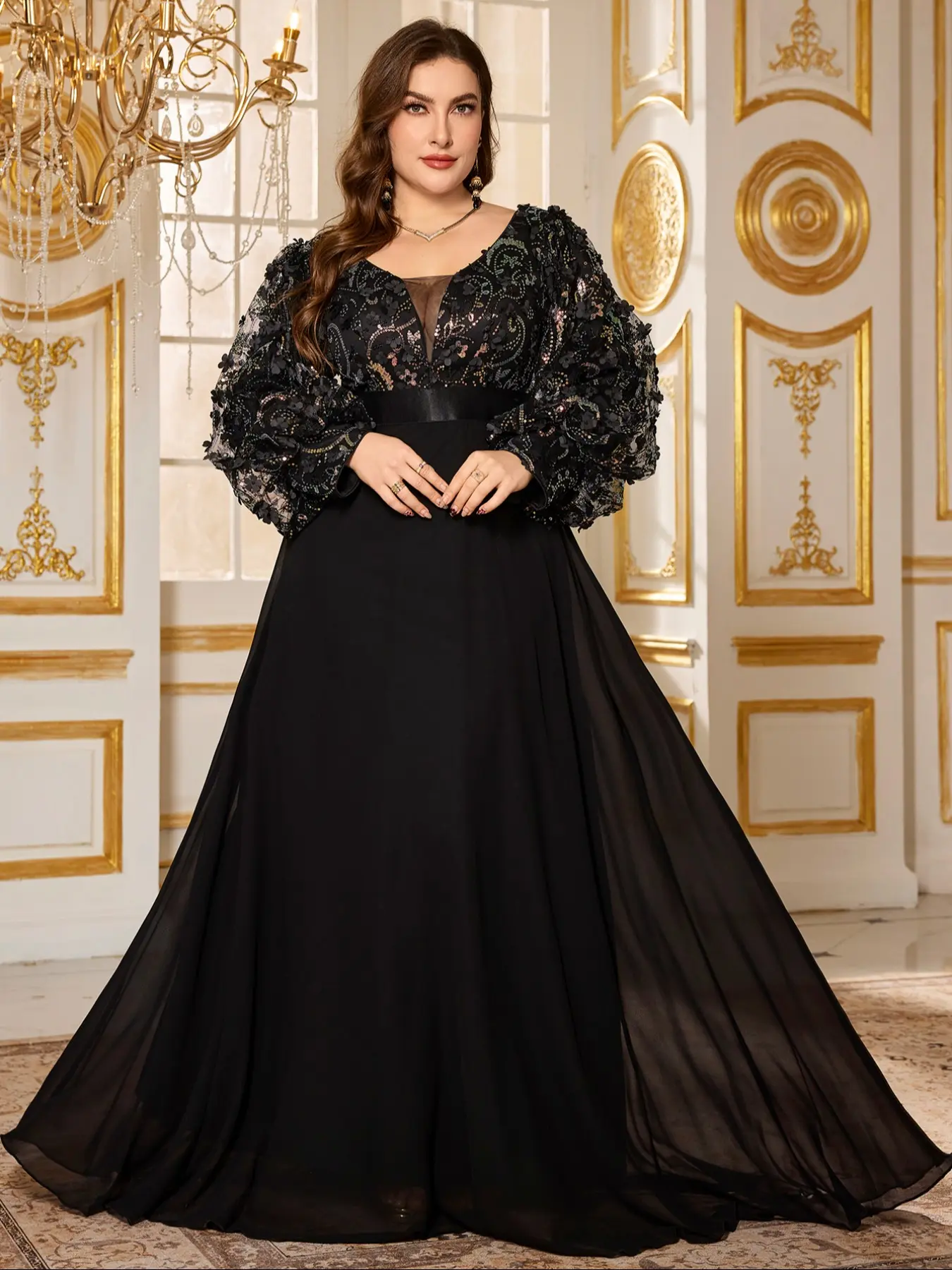 Random Floral V-Neck Lantern Sleeve Chiffon Sequined Embroidered Flower Waist A-Line Plus Size Formal Party Evening Maxi Gown Dress