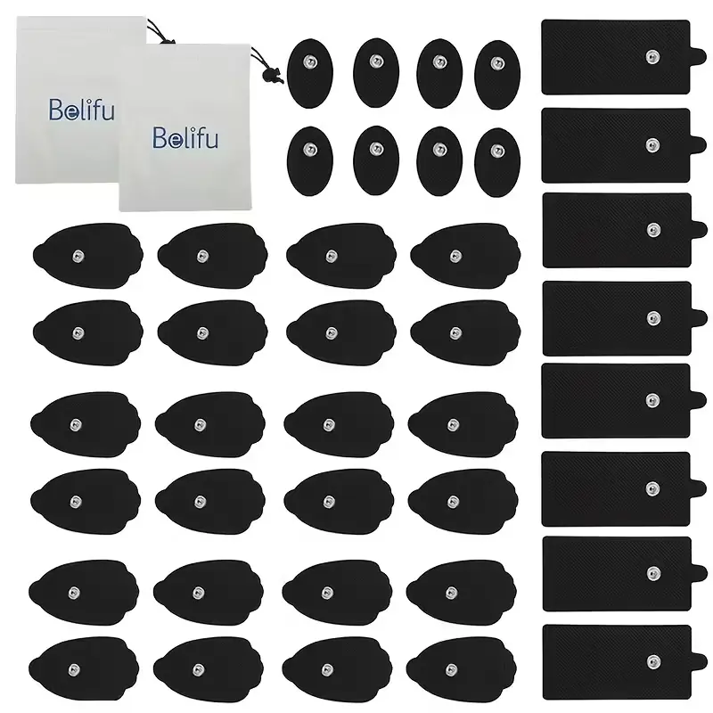 Belifu 40pcs Sensitive TENS Unit Replacement Pads, Long-Lasting Durable Snap-On Electrodes (Up to 50 Uses), Latex-Free, Compatible with All TENS EMS Devices with 3.5mm Push-Button Wires, Black