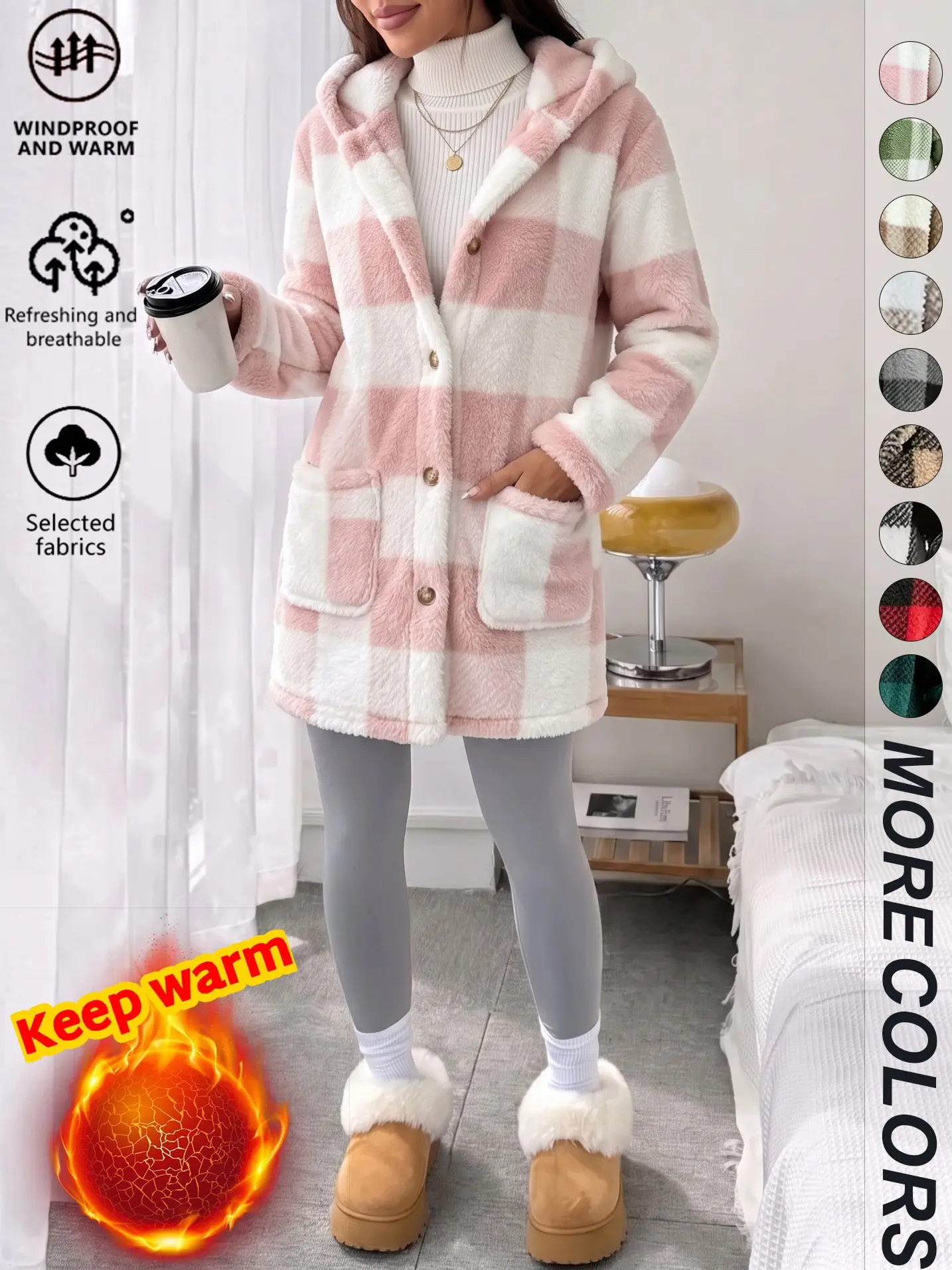 Clean Gent women’s plaid fleece hooded slim-fit jacket, loose casual fashion design, soft, fluffy fleece fabric, button closure and hood style, mid-length silhouette, available in multiple colors, Valentine’s Day edition, autumn/winter outerwear