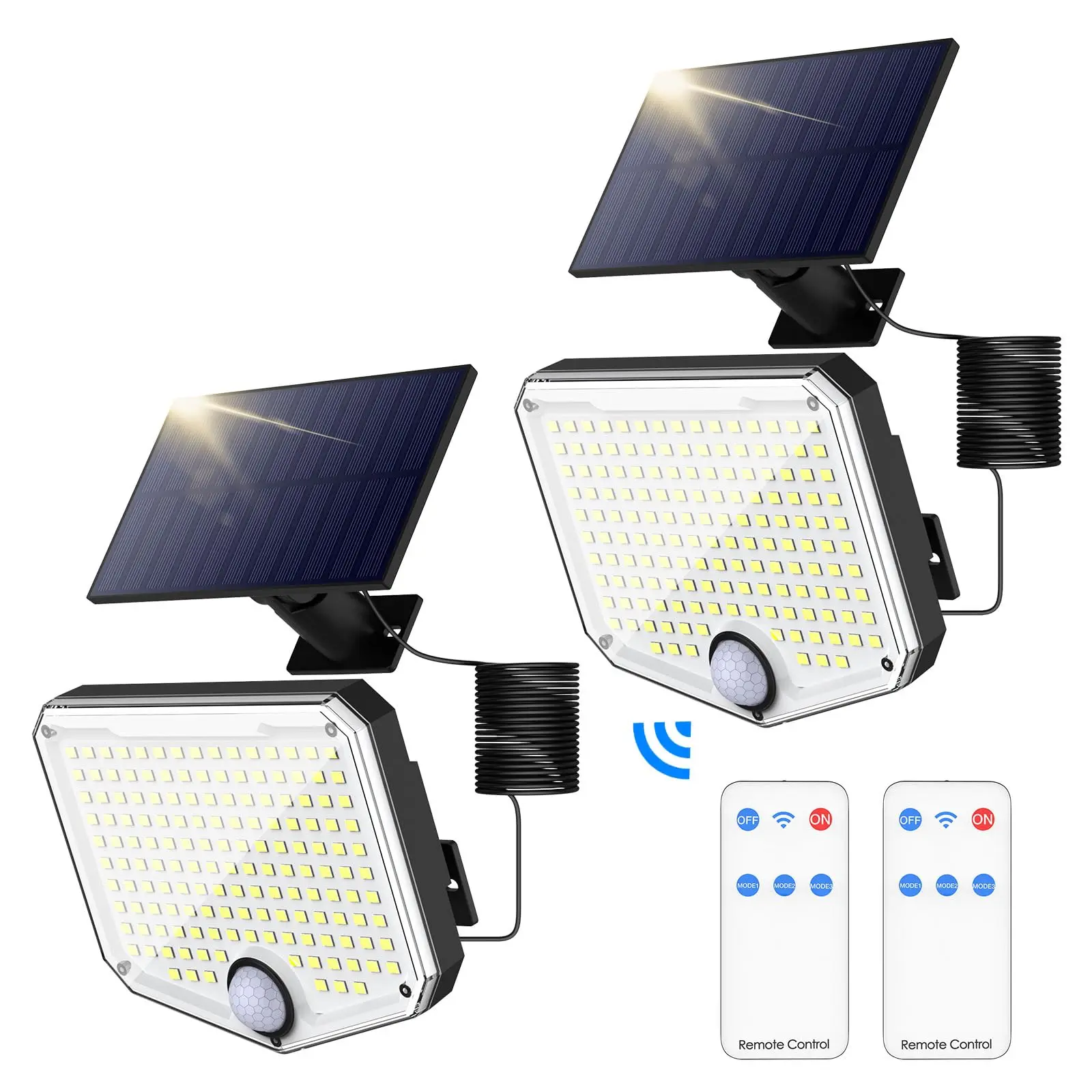 MoKo Motion Sensor Outdoor Lights - 222 LED Super Bright Solar Lights Outdoor with Remote Control & 16.4 Ft Cable 3000mah Waterproof Flood Lights Outdoor for Wall Patio Yard Garage Garden, 2 Pack night market flashlight