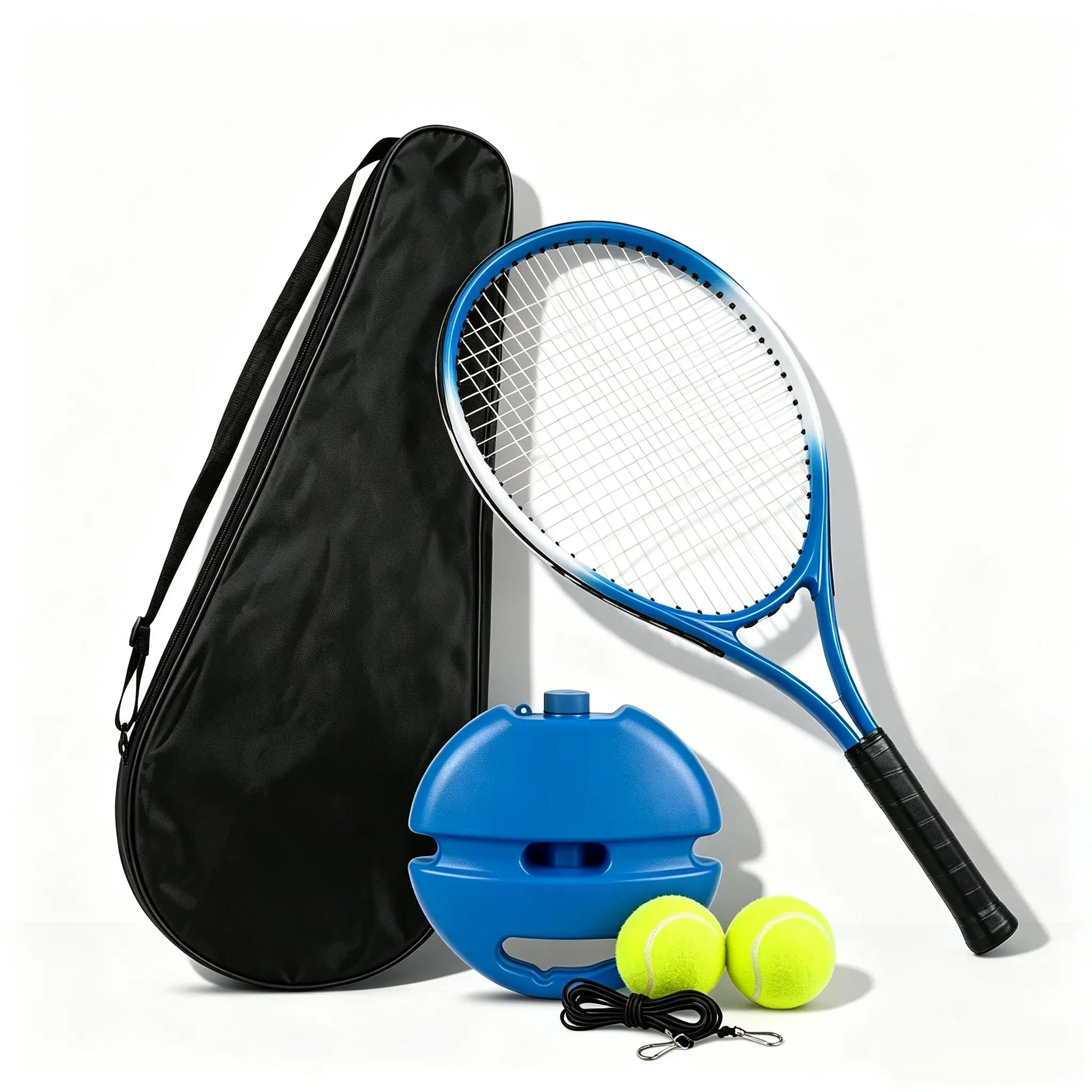 Portable Solo Tennis Trainer Set with Weighted Base Elastic Rebound String 2 Practice Balls Home Backyard Outdoor Sports Training Gear Adult Recreational Tennis Racket carbon fiber paddle rope