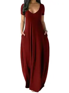 Women's V-Neck Short Sleeve Maxi Dress Casual Loose Floor-Length Long Dress with Pockets