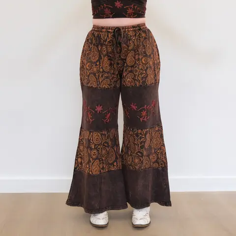 Women's Oversized Wide-Leg Cotton Palazzo Pants - Lightweight, Soft, Breathable Fabric, Stonewashed, Floral Embroidery, Crochet, Elastic Waist, Bohemian Paisley Print, Perfect Fit Everyday Boho Bottoms