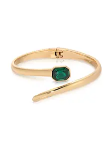 Ettika Deco Wrap Cuff - 18k Gold Plated Bracelet with Emerald Crystal, Spring Hinge Closure, Elegant Jewelry for Adults