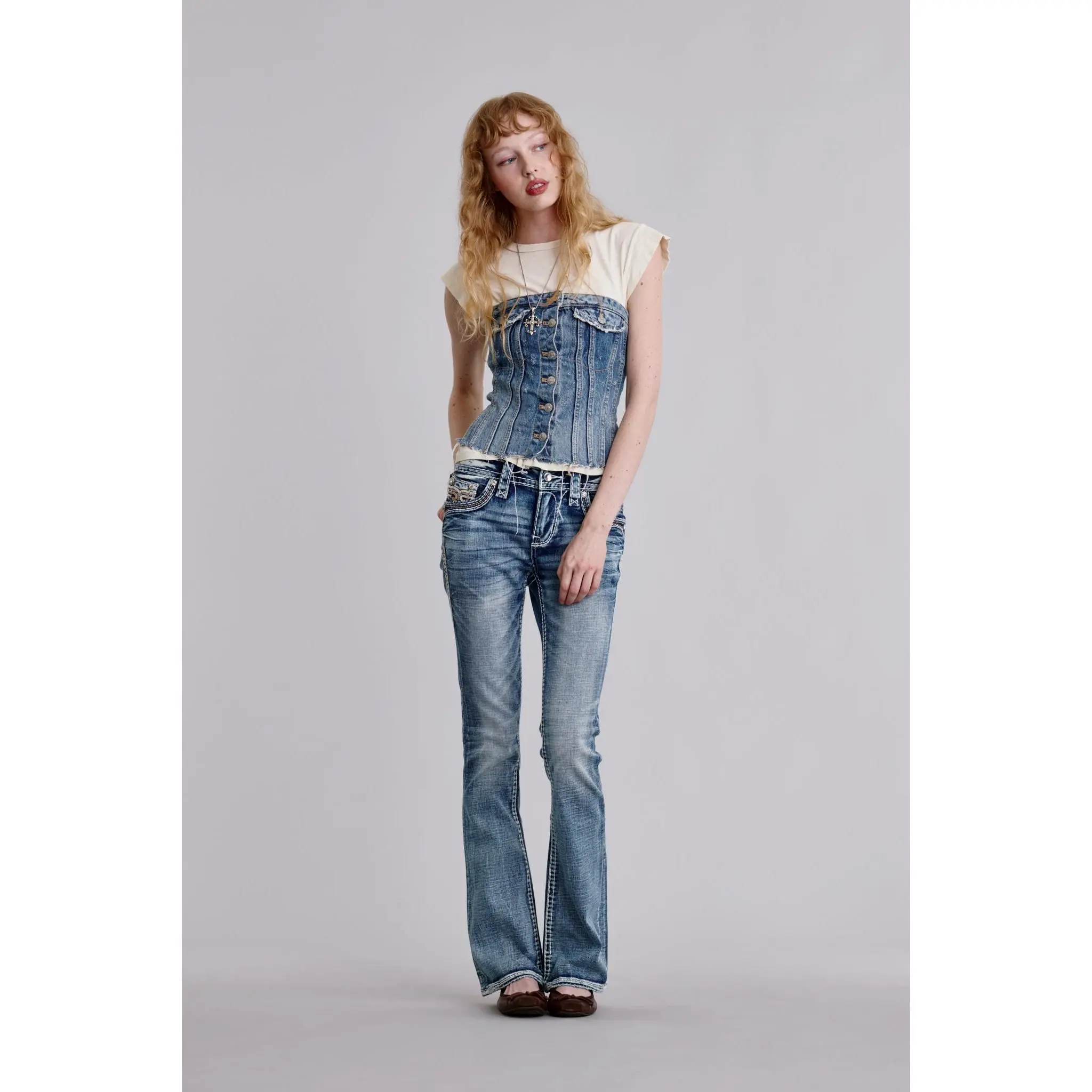 rr Women's Mid-Waist Casual Loose-Fitting Janessa Fleur-de-Lis Embroidered Relaxed Bootcut Jeans, Medium Wash Stretch Denim with Leather Accents, Designed in Los Angeles