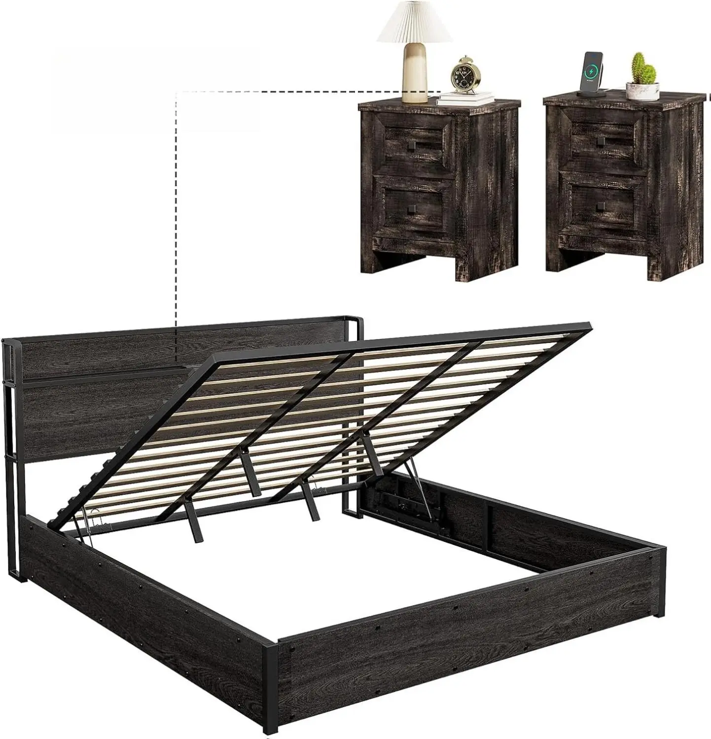 AMERLIFE 3 Pieces Bedroom Sets, Includes King Size Lift Up Storage Bed with Storage Headboard & Charging Station, 2 Drawers Farmhouse Nightstand Set of 2 with Charging Station, Black, Nightstands Set, King Size Bed Frame Set