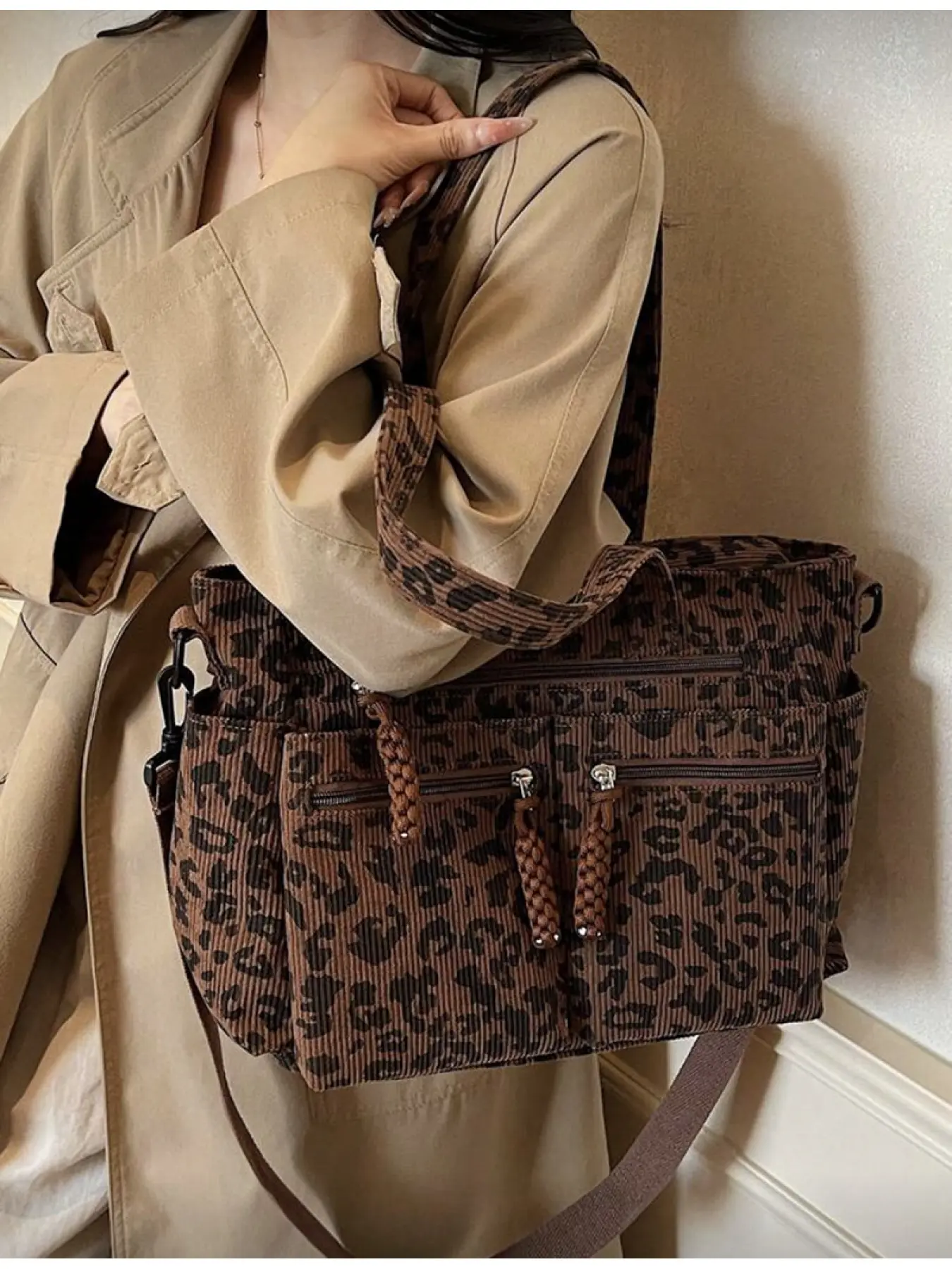 Women Leopard Print Corduroy Handbag Corduroy Tote Bag Fashionable