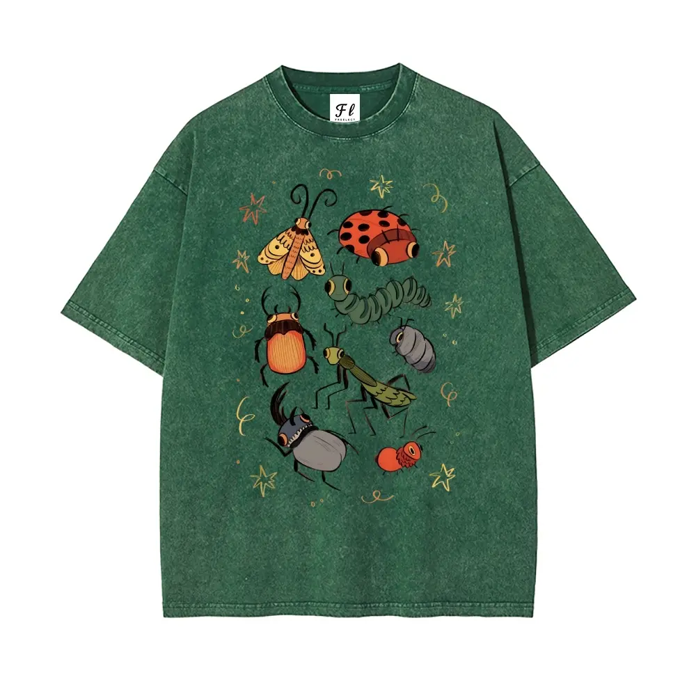 Bug Buddies Graphic T-Shirt, Vintage Oversized Washed Cotton Top for Men & Women, Casual Round Neck Streetwear, Super Soft & Pre-Shrunk, Retro, Washed Finish, Shortsleeve, Stretch, Fabric, T Shirts For Women, Unisex