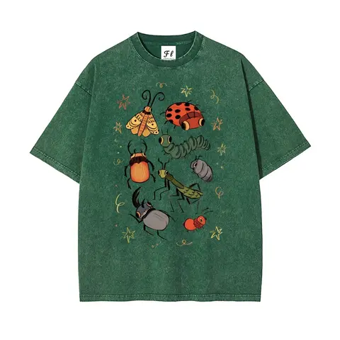 Unisex Retro Round Neck Bug Buddies Vintage Graphic Tees - Mensfashion Oversized Washed Cotton Basics, Short Sleeve Casual Loose-Fitting Streetwear Top, Super Soft Pre-Shrunk Stretch Fabric