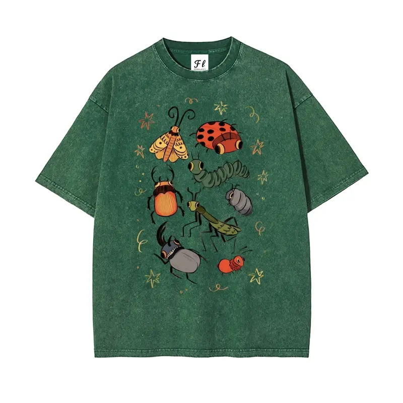 Unisex Retro Round Neck Bug Buddies Vintage Graphic Tees - Mensfashion Oversized Washed Cotton Basics, Short Sleeve Casual Loose-Fitting Streetwear Top, Super Soft Pre-Shrunk Stretch Fabric